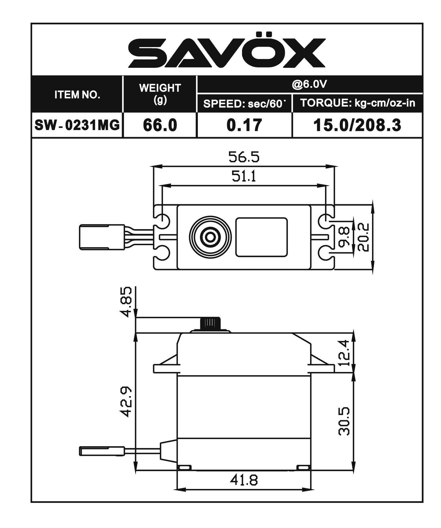 Savox | Waterproof Standard Digital Servo 0.15sec / 347oz @ 7.4V | MPN: SW0231MGP