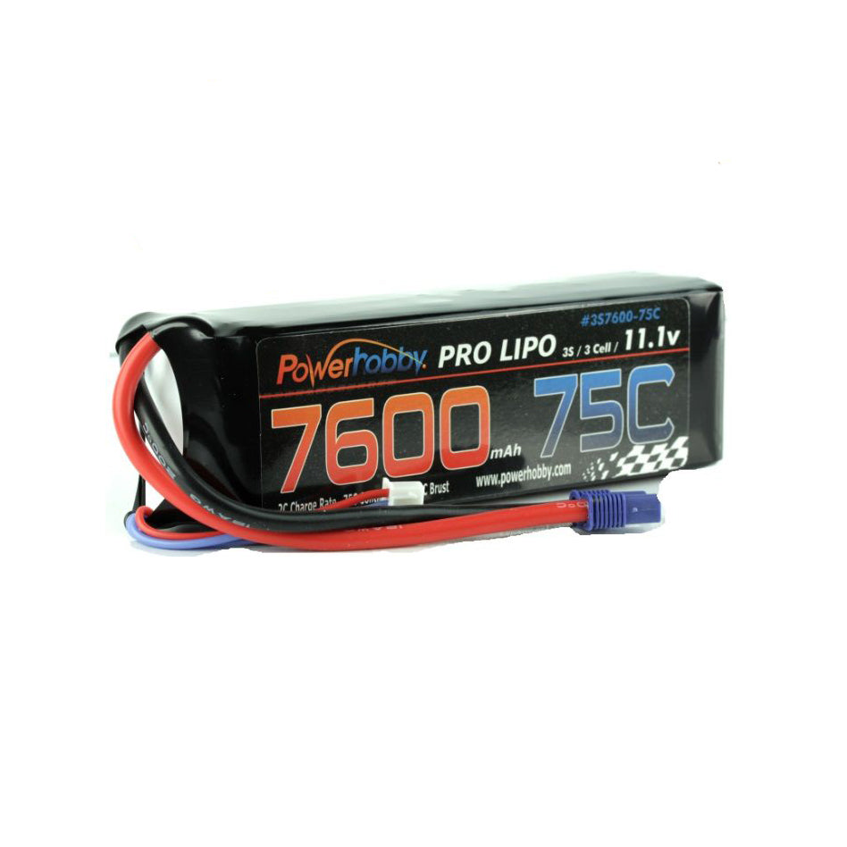 Power Hobby | 7600mAh 11.1V 3S 75C LiPo Battery with Hardwired EC5 | MPN: 3S760075CEC5HCS
