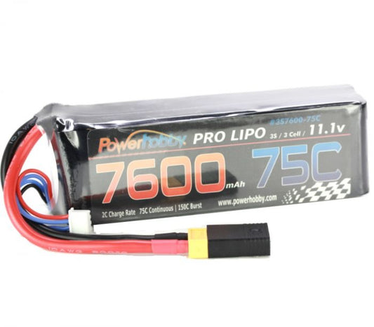 Power Hobby | 7600mAh 11.1V 3S 75C LiPo Battery with Hardwire XT60 | MPN: 3S760075CXT60APT