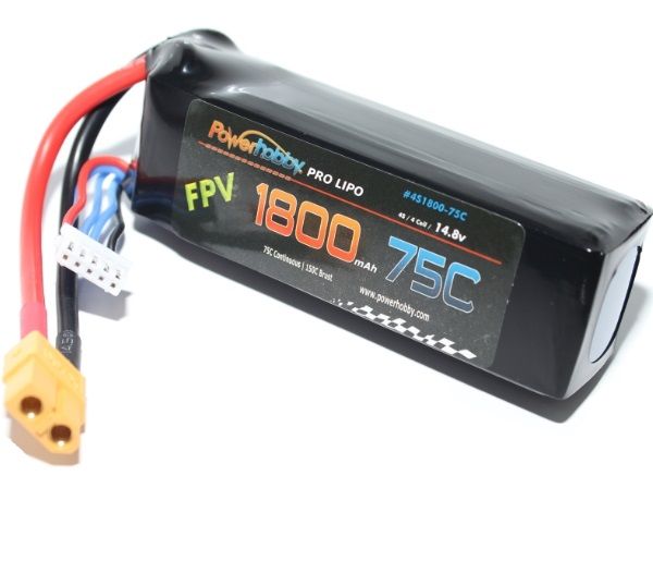 Power Hobby | 1800mAh 14.8V 4S 75C LiPo Battery with Hardwired XT60 | MPN: 4S180075CXT60