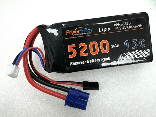 Power Hobby | 2S 5200mah 15C LiPo Battery w/EC3 & JR Connector Receiver | MPN: 5670