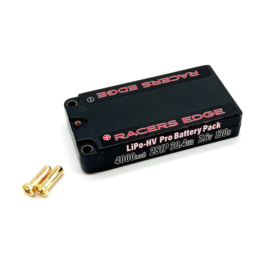Racers Edge | 4000mAh 2S 7.6V 130C LCG Short Hard Case Lipo w/5mm Bullet | MPN: PROLP40002S130