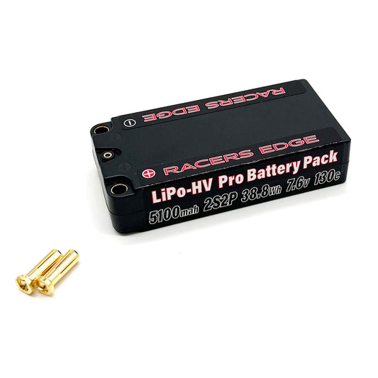 Racers Edge | 5100mAh 2S 7.6V 130C Shorty Hard Case Lipo w/5mm Bullet | MPN: PROLP51002S130