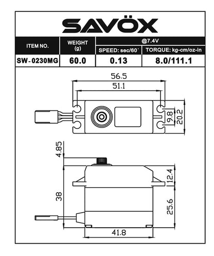 Savox | Waterproof Standard Digital Servo 0.13sec/111.1oz @ 7.4V | MPN: SW0230MGP